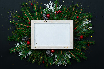 Christmas frame mockup for greeting cards on a black background.
