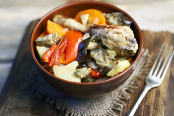 Vegetable ragout with chicken in a bowl. Healthy lunch or dinner.