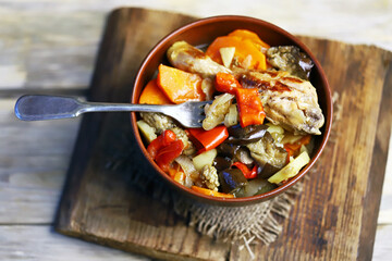 Vegetable ragout with chicken in a bowl. Healthy lunch or dinner.