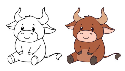 Set of two sitting cows. Christmas contour vector illustration for children coloring book.