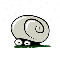 sticker with funny cowardly snail under the rain