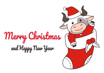 Cute ox sitting in the sock. Christmas hand drawn vector illustration for greeting card.