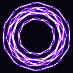 Shinning laser violet magic circles. Dark background with neon purple glow rings with empty centre - place for text