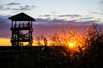 Fototapeta na wymiar Sunrise on lake, birds watching tower in a beatiful light