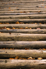Fragment of a wooden bridge, horizontal stacked old logs with dry autumn leaves in between. Wood texture, wallpaper, natural background.