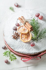 Top view of sweet poppy seed cake for Christmas