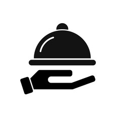 Serving food icon. Sign hand of waiter with serving tray. Waiter serving. Isolated symbol on white background.