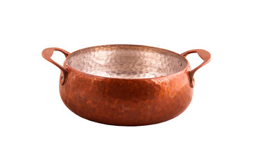 Copper saucepan with handles isolated. Vintage stewpot with handles on white background