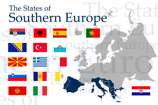 Icons flags of the countries of southern Europe. Vector image of flags and geographical map of Europe on a white background. You can use it to create a website, print brochures, booklets, travel guide