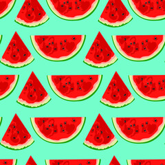 Seamless pattern vector drawings of handmade watermelon berries on a pastel background, flat design, cartoon. Sweet background, symbol, packaging, gifts, holiday, postcard, decoration.