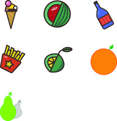 Vector image of icons depicting fast food and fruit