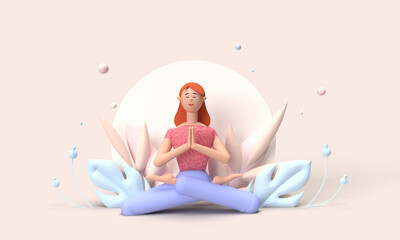 Illustration 3D d'une jeune femme faisant du yoga. posture zen. posture méditation. Ambiance zen. bien être