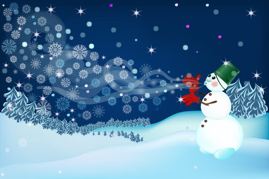 A snowman blowing cool snowflakes and making a Blizzard and wind. Decorative Christmas and new year vector illustration. A fabulous image for a holiday, greeting card or banner.