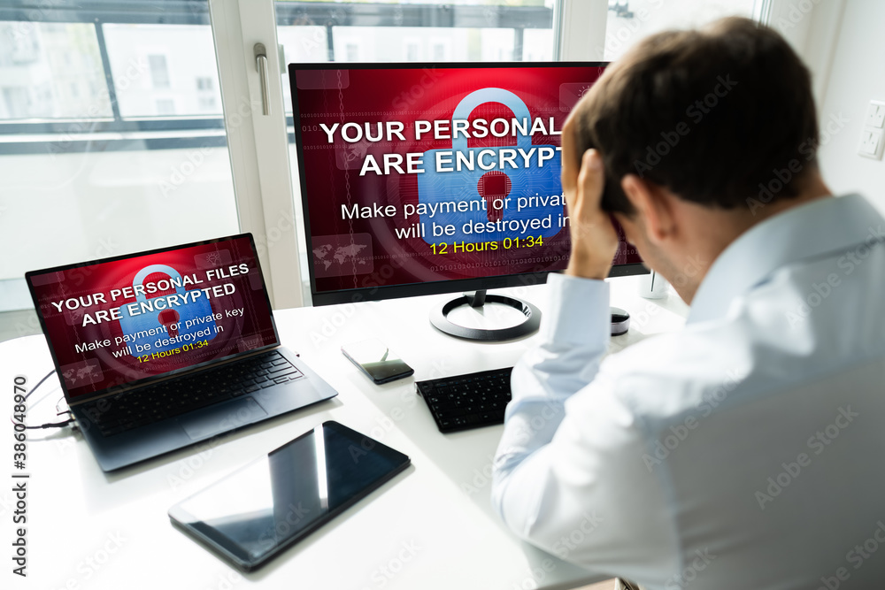 Poster ransomware malware attack. business computer hacked