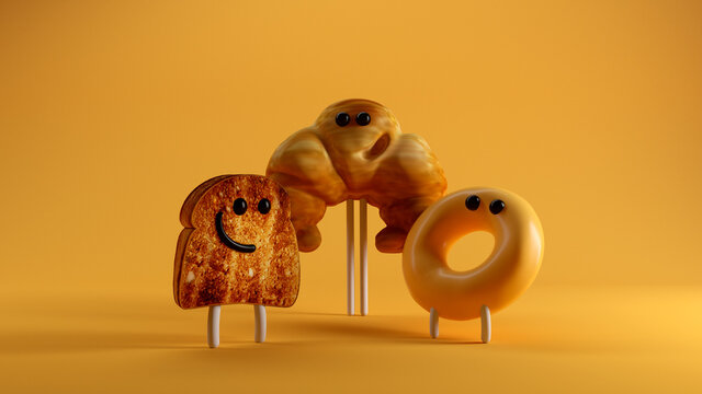 Breakfast Crew. 3d illustration. A donut a toast and a strong croissant.