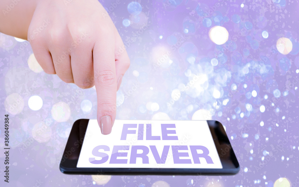 Aufkleber Text sign showing File Server. Business photo text device which controls access to separately stored data Modern gadgets with white display screen under colorful bokeh background
