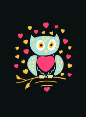 Light blue owl in love on a black background