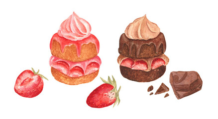 Set of two sweet desserts - strawberry and chocolate cakes on a white isolated background. Watercolor food illustration clip art. 
