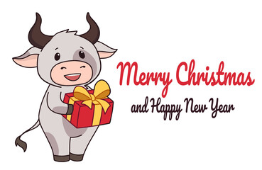 Cute ox holding the gift. Christmas hand drawn vector illustration for greeting card.