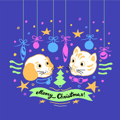 Fototapeta premium Merry Christmas cat and dog
