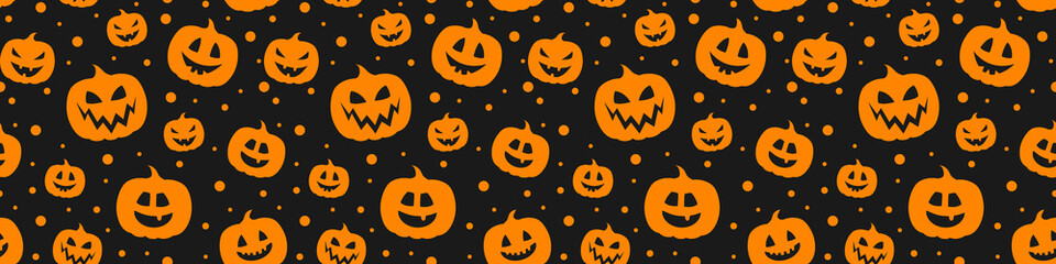 Halloween pattern with scary pumpkins. Banner. Vector