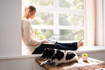 Woman Using Business Laptop Computer With Dog