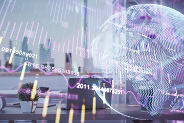 Double exposure of stock market graph drawing and office interior background. Concept of financial analysis.