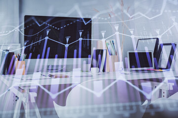 Double exposure of stock market graph drawing and office interior background. Concept of financial analysis.