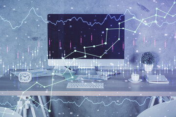 Multi exposure of financial graph drawing and office interior background. Concept of market analysis.