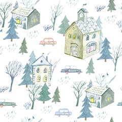 Seamless pattern of a winter town and car. House,park,tree. Watercolor hand drawn illustration.White background.