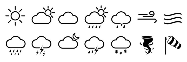 Set of weather line icons. Contains symbols of the sun, clouds, rainbow, snowflakes, wind, moon and so on. Flat weather icons – stock vector - obrazy, fototapety, plakaty