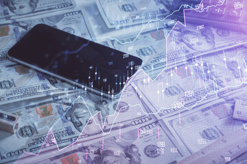 Double exposure of forex graph drawing over us dollars bill background. Concept of financial markets.