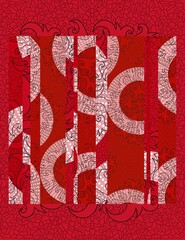 An abstract, mystical mosaic with a red background and a bright graphic motif in the central part of the object - the background of the cover