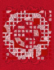 An abstract, mystical mosaic with a red background and a bright graphic motif in the central part of the object - the background of the cover