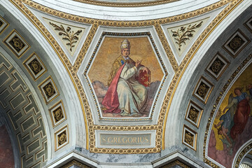 Esztergom, Hungary. Mosaic and fresco depicting Saint Gregory (Pope Gregory I), one of the Four Great Fathers of the Western Church, in Esztergom Basilica. - 386054181