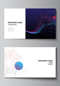 Vector layout of two creative business cards design templates, horizontal template vector design. Artificial intelligence, big data visualization. Quantum computer technology concept.