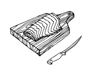 fish fillet on wooden kitchen board, delicious food, decoration for restaurant seafood menu, vector illustration with black ink lines isolated on a white background in a doodle & hand drawn style
