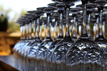 Clean and stacked upside down on table wine glasses prepared for degustation in luxury restaurant