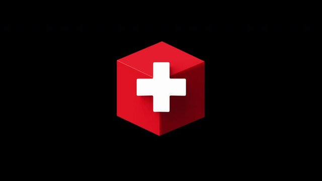 Swiss Flag Cube shape emerging on a black and key green in the orthogonal projection in perfect hexagon shape. National flag of Switzerland in 4K video for sports, political and social events.