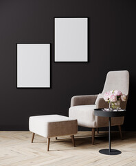 Stylish dark living room interior with pink armchair. Black wall mockup with two frames. 3d rendering.