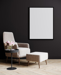 Blank frame in modern interior with pink armchair and coffee table, dark gray wall, panorama, 3d rendering