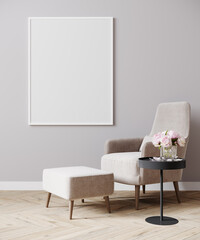 Blank picture frame in bright contemporary empty room interior with luxury  chair on wooden parquet floor and flowers, light wall, 3d rendering