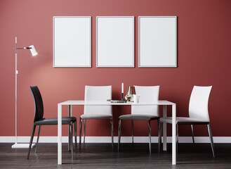 Modern interior design of room with table and white chairs, mockup on red wall, kitchen, restaurant concept, dining room interior background, 3d rendering