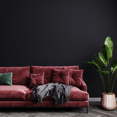 Modern living room luxury interior design mock up with dark red sofa and plant, empty dark gray wall mockup, living room interior background, 3d rendering
