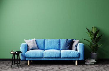 Bright interior with blue sofa and green wall, modern living room interior. 3d rendering