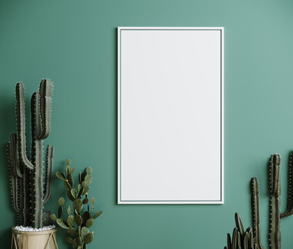 Blank frame on green wall mock up with cactus, vertical white poster frame on wall, mock up for picture or photo frame, empty frame on bright wall, 3d render