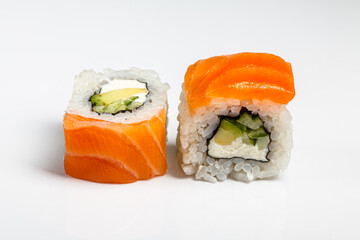 California roll with salmon on a white background