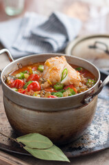 Homemade Fish Stew with Tomatoes and Okra. Cajun-Style Fish Gumbo