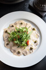 Chilled Veal in Tuna-Caper Sauce with Fresh Arugula Leaves, Italian Vitello Tonnato