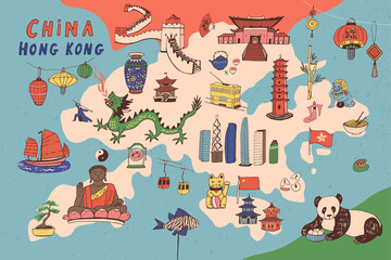 China Hong Kong hand drawn vector map print